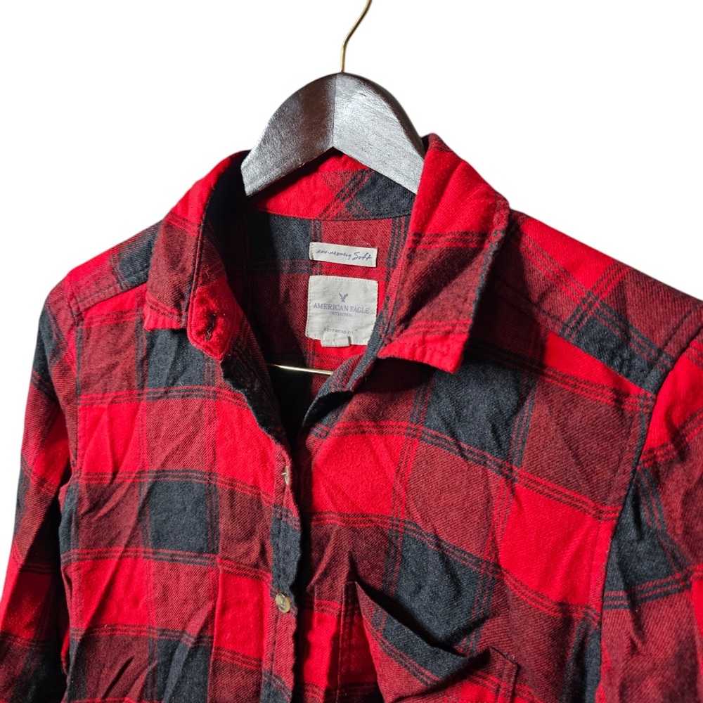American Eagle Boyfriend Small Red Gray Flannel Button Down Long Sleeve Shirt - Picture 3 of 5